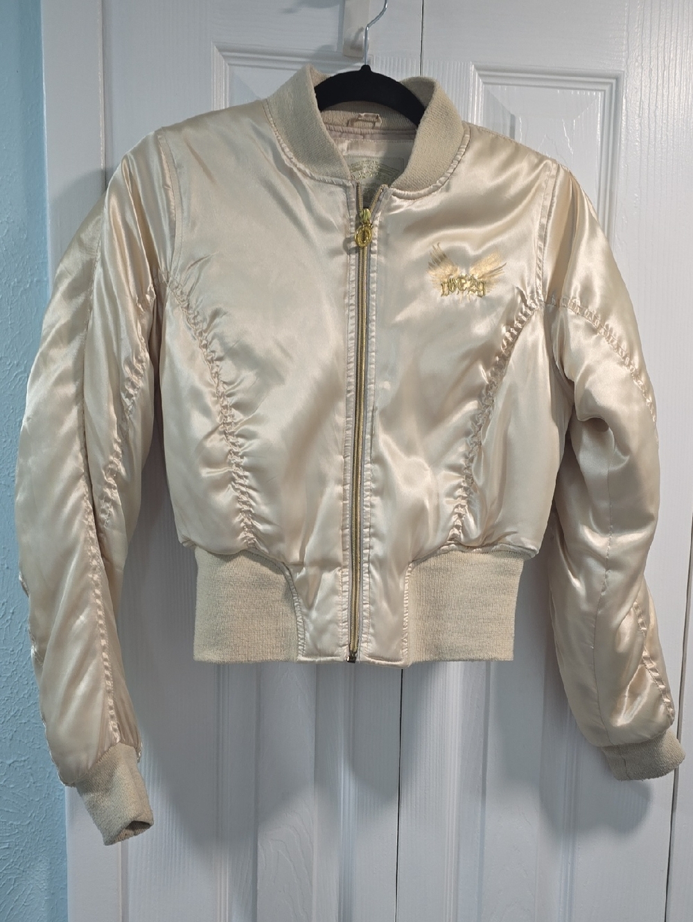 Lot29 Ivory Satin Bomber Jacket with Gold Logo